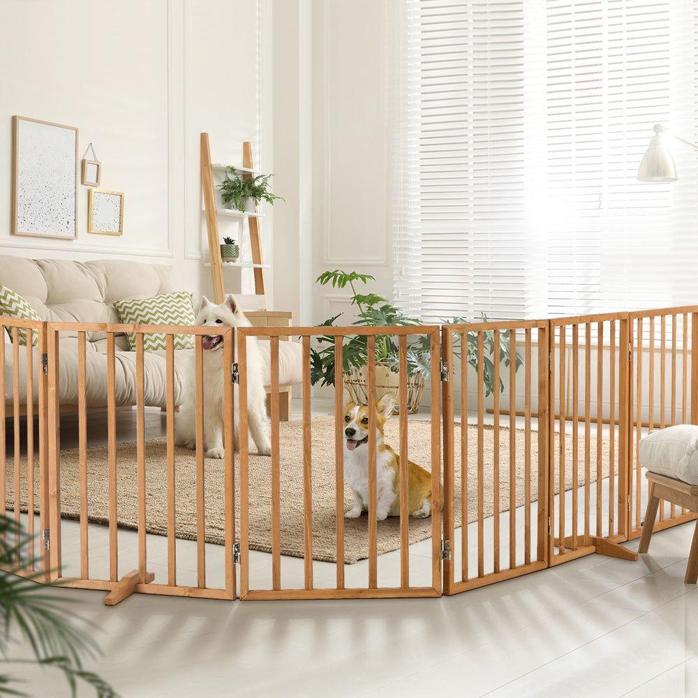 Wooden Pet Gate Dog Fence Playpen Barrier 12 Panels Natural