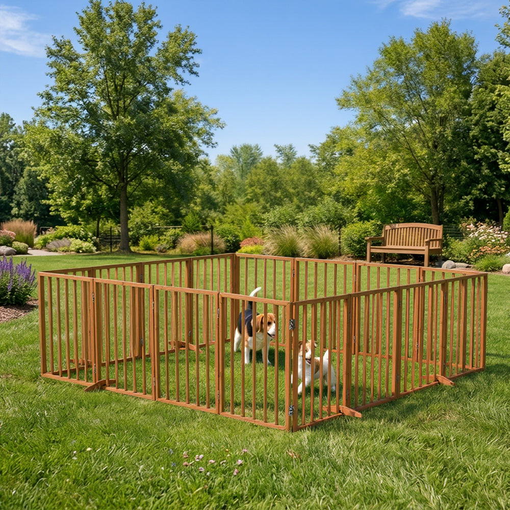 Wooden Pet Gate Dog Fence Playpen Barrier 16 Panels Natural