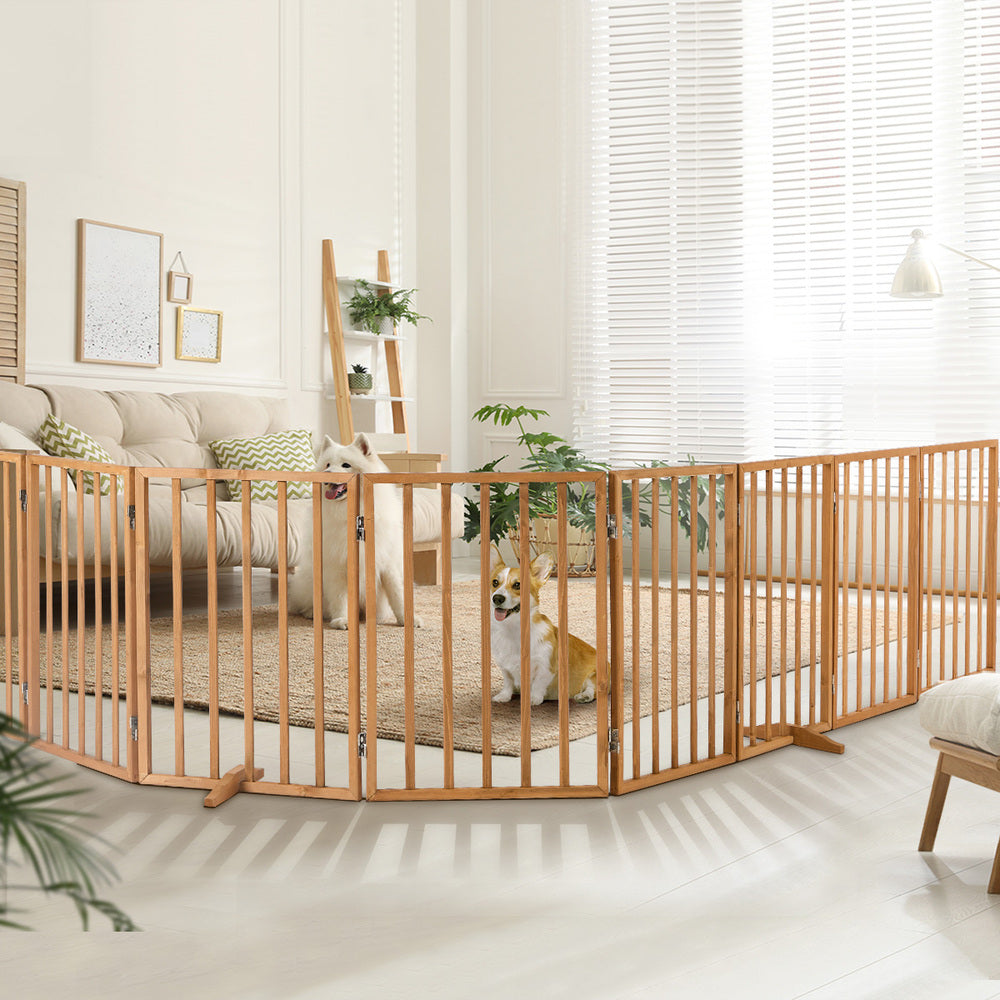Wooden Pet Gate Dog Fence Playpen Barrier 16 Panels Natural
