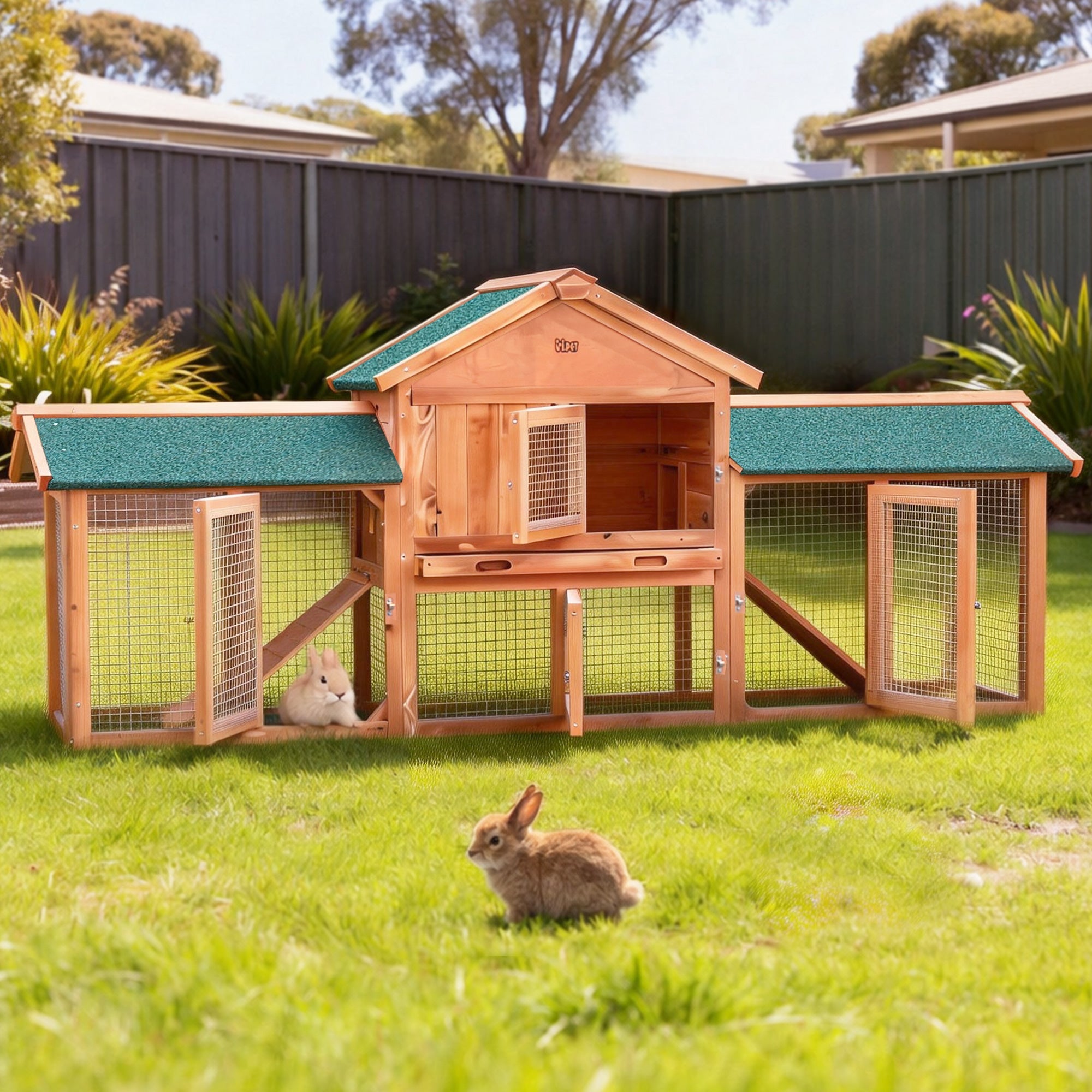 Chicken Coop Rabbit Hutch 220cm x 44cm x 84cm Large Run Wooden Outdoor Cage House