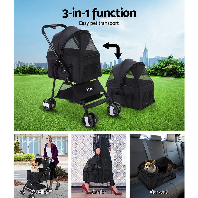 Black colour - i.Pet Pet Stroller Dog Carrier Foldable Pram 3 IN 1 Middle Size Black