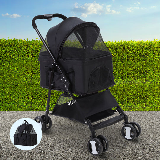 i.Pet Pet Stroller Dog Carrier Foldable Pram 3 IN 1 Middle Size Black - Cat Carriers & Crates