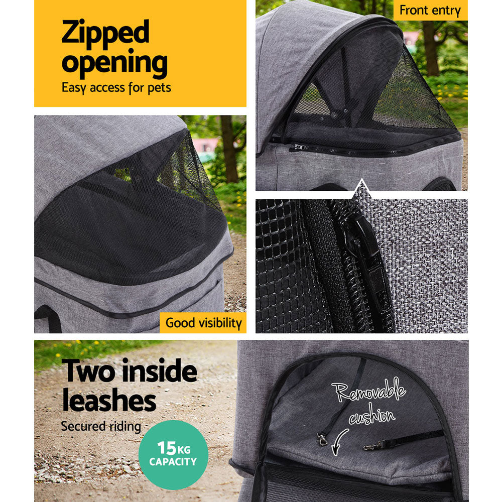 Pet Stroller Dog Pram Cat Carrier Travel Large Pushchair Foldable 4 Wheels Grey