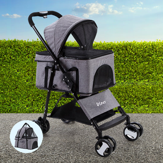 Pet Stroller Dog Pram Cat Carrier Travel Large Pushchair Foldable 4 Wheels Grey - 528fz