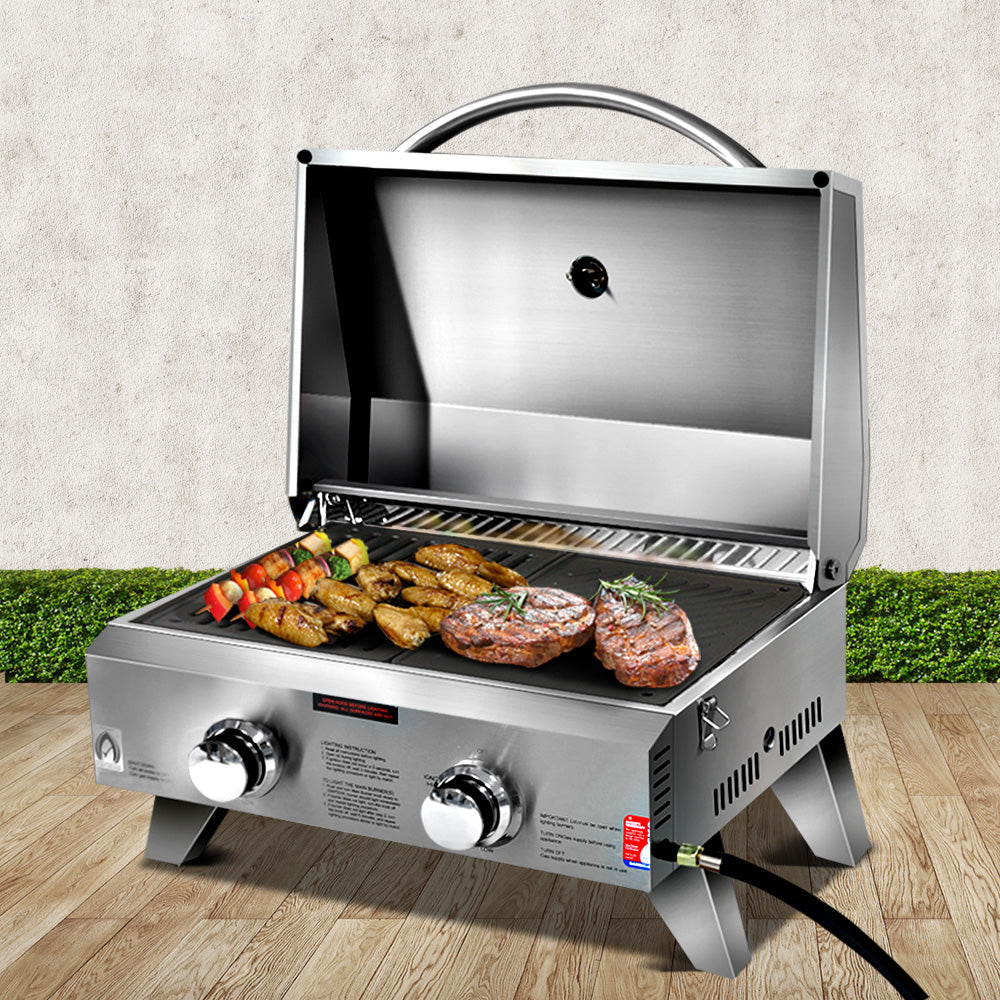 Portable Gas BBQ LPG Oven Camping Cooker Grill 2 Burners with 2 Plates Outdoor