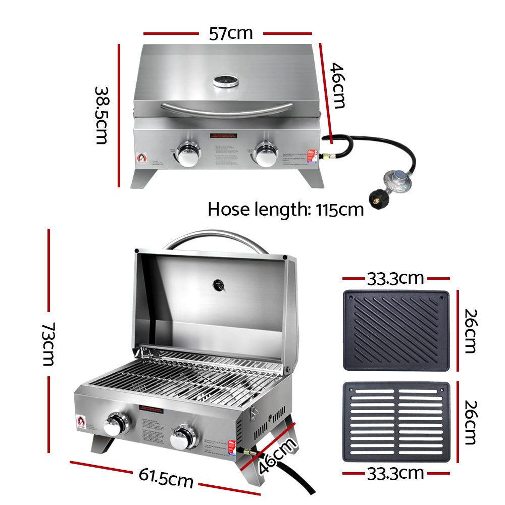 Portable Gas BBQ LPG Oven Camping Cooker Grill 2 Burners with 2 Plates Outdoor