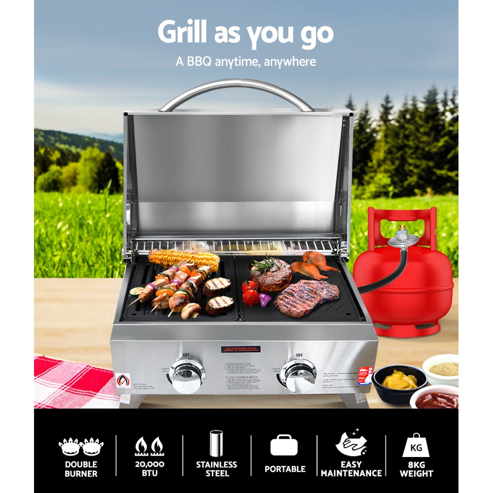 Portable Gas BBQ LPG Oven Camping Cooker Grill 2 Burners with 2 Plates Outdoor