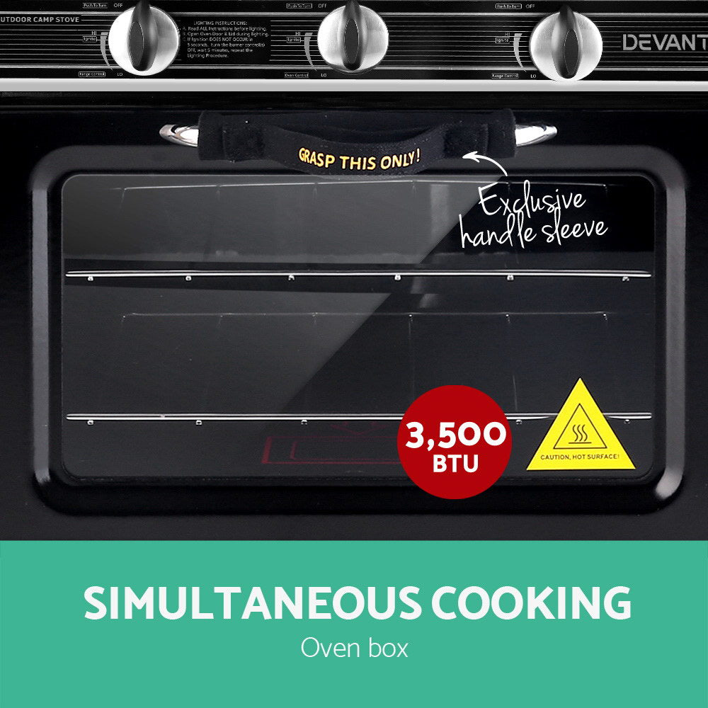Portable LPG Gas Oven Stove Camping Cooker Stainless Steel 2 Burner | Devanti Silver Black Pgo