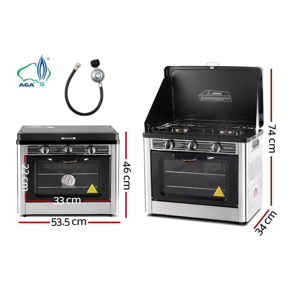 Devanti Silver Black Pgo - Portable LPG Gas Oven Stove Camping Cooker Stainless Steel 2 Burner