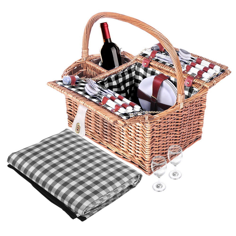 4 Person Picnic Basket Set Insulated Outdoor Blanket Bag | Deluxe