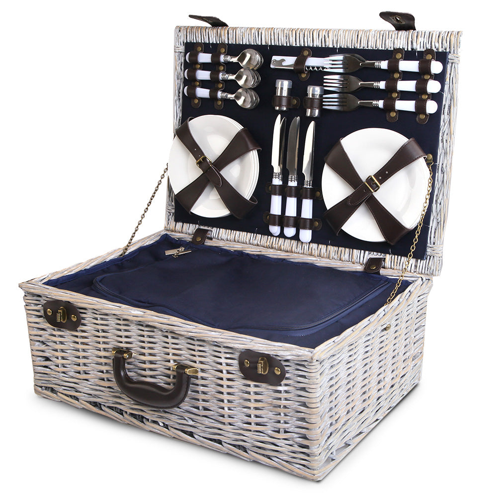 6 Person Picnic Basket Set Cooler Bag Insulated Blanket Plates Navy