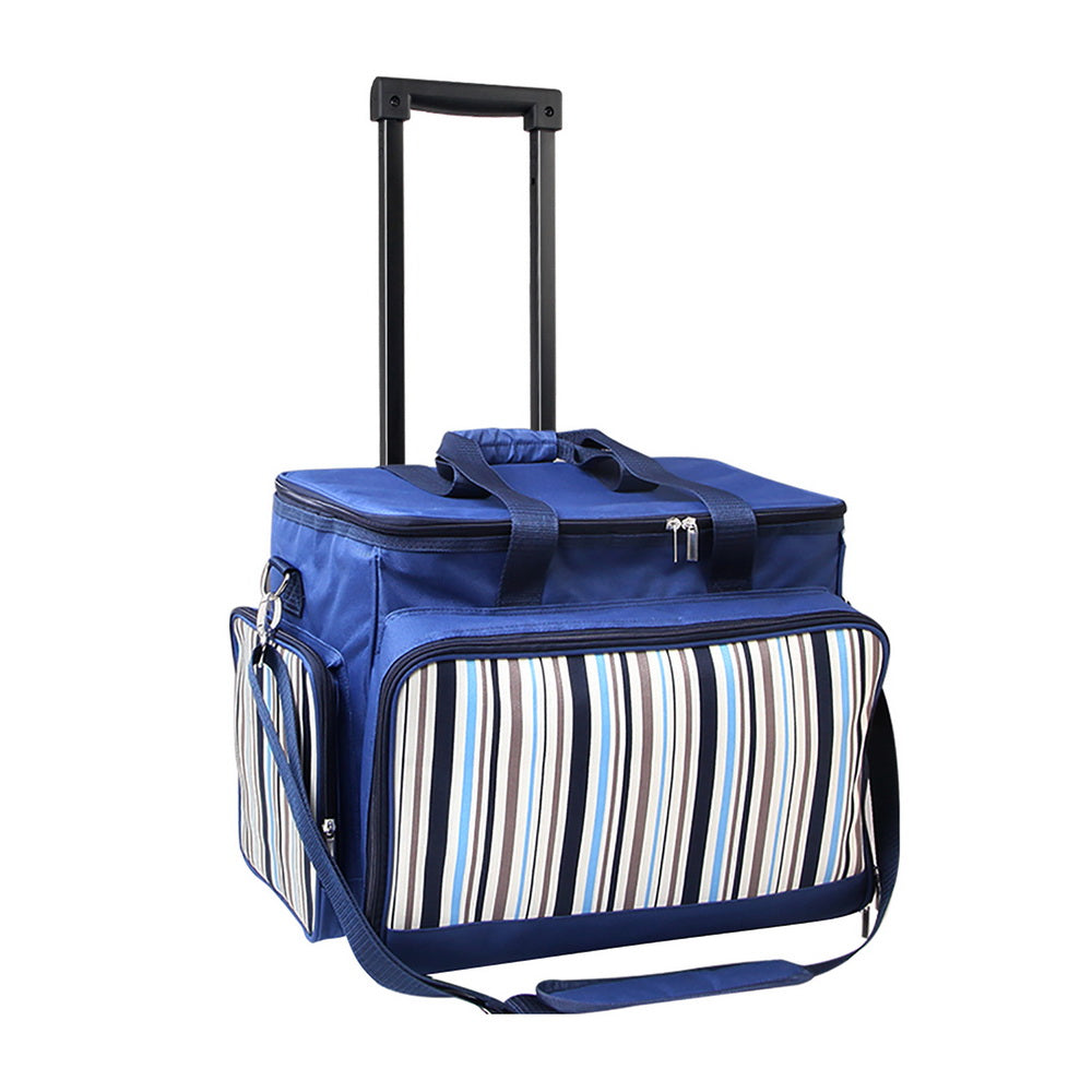 6 Person Picnic Basket Set Bag Wheels Insulated Trolley | Alfresco Blue Cooler Tro