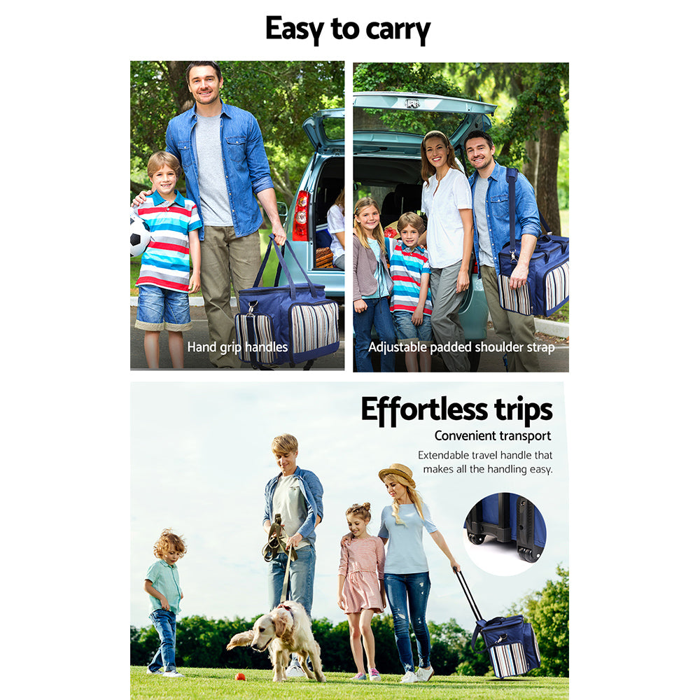 Alfresco Blue Cooler Tro - 6 Person Picnic Basket Set Bag Wheels Insulated Trolley