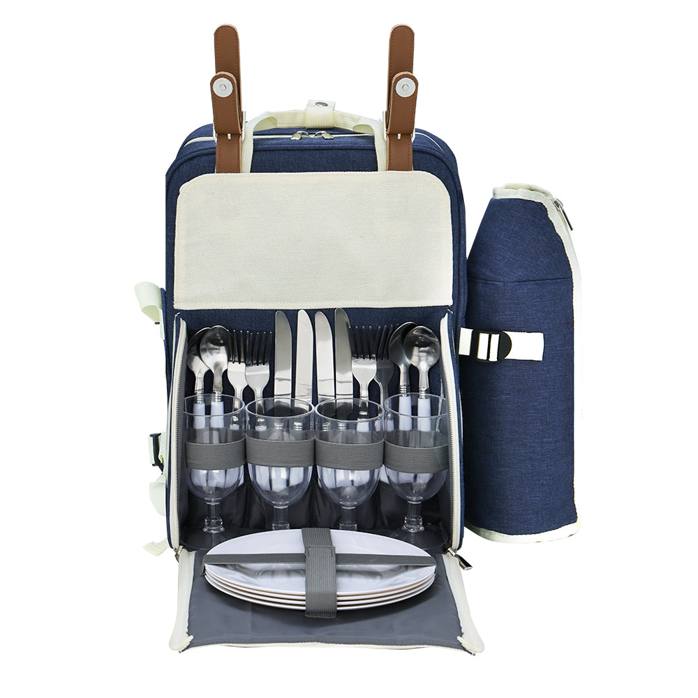 4 Person Picnic Basket Set Backpack Bag Insulated Blue, Cooler Outdoor Liquor