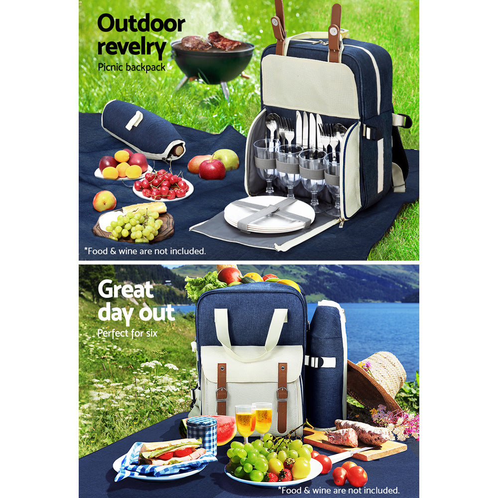 Picnic Baskets - 4 Person Picnic Basket Set Backpack Bag Insulated Blue
