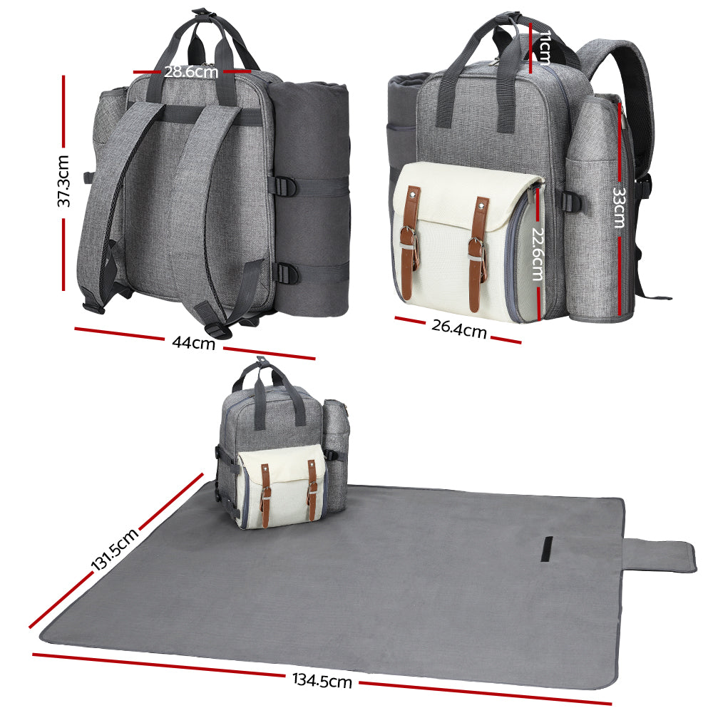 4 Person Picnic Basket Set Backpack Bag Insulated Grey