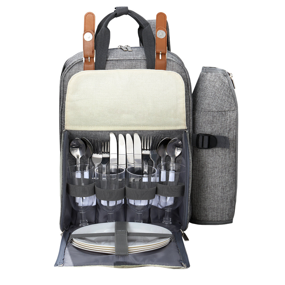 4 Person Picnic Basket Set Backpack Bag Insulated Grey, Cooler Outdoor Liquor