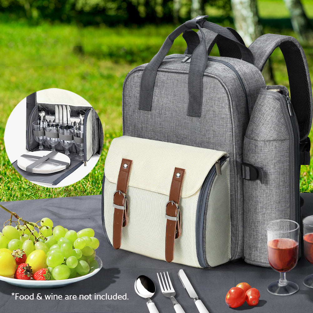 Grey colour - 4 Person Picnic Basket Set Backpack Bag Insulated Grey