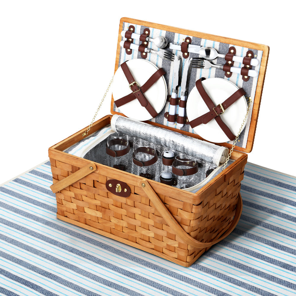 Wooden finish - 4 Person Picnic Basket Set Wooden Blanket Bag Insulated