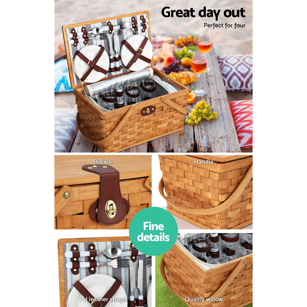 4 Person Picnic Basket Set Wooden Blanket Bag Insulated - Cooler Outdoor Liquor