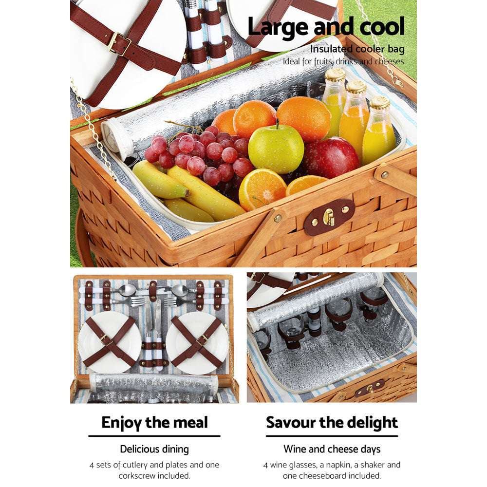 Picnic Baskets - 4 Person Picnic Basket Set Wooden Blanket Bag Insulated