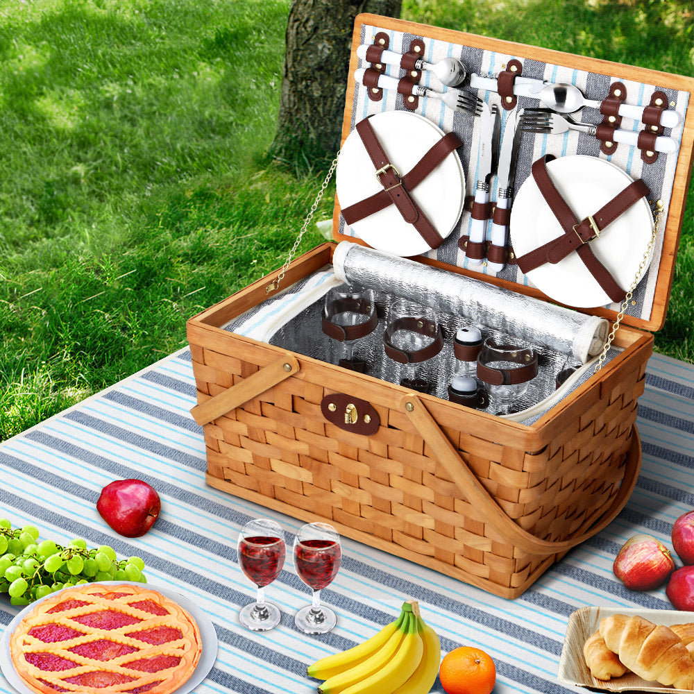 Cooler Outdoor Liquor - 4 Person Picnic Basket Set Wooden Blanket Bag Insulated