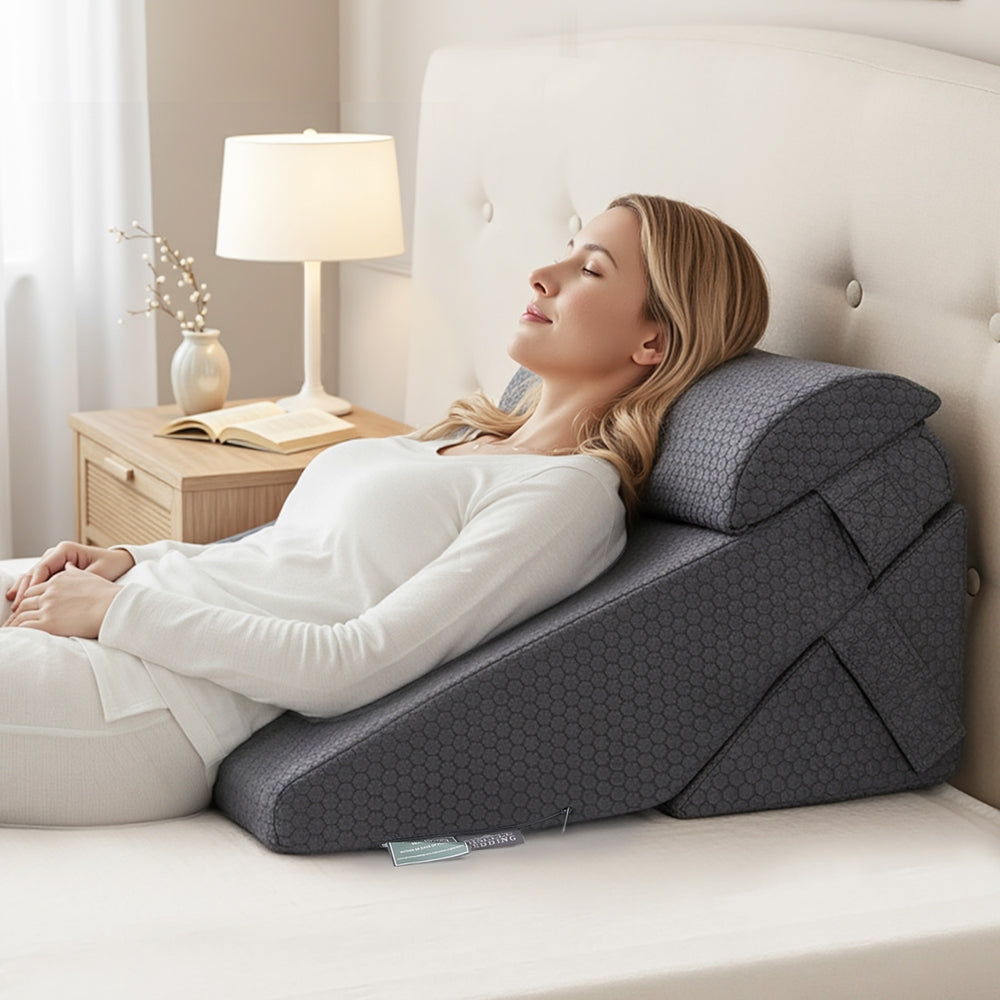 Adjustable Wedge Pillow Grey Fabric Upholstery King Size, Fabric finish