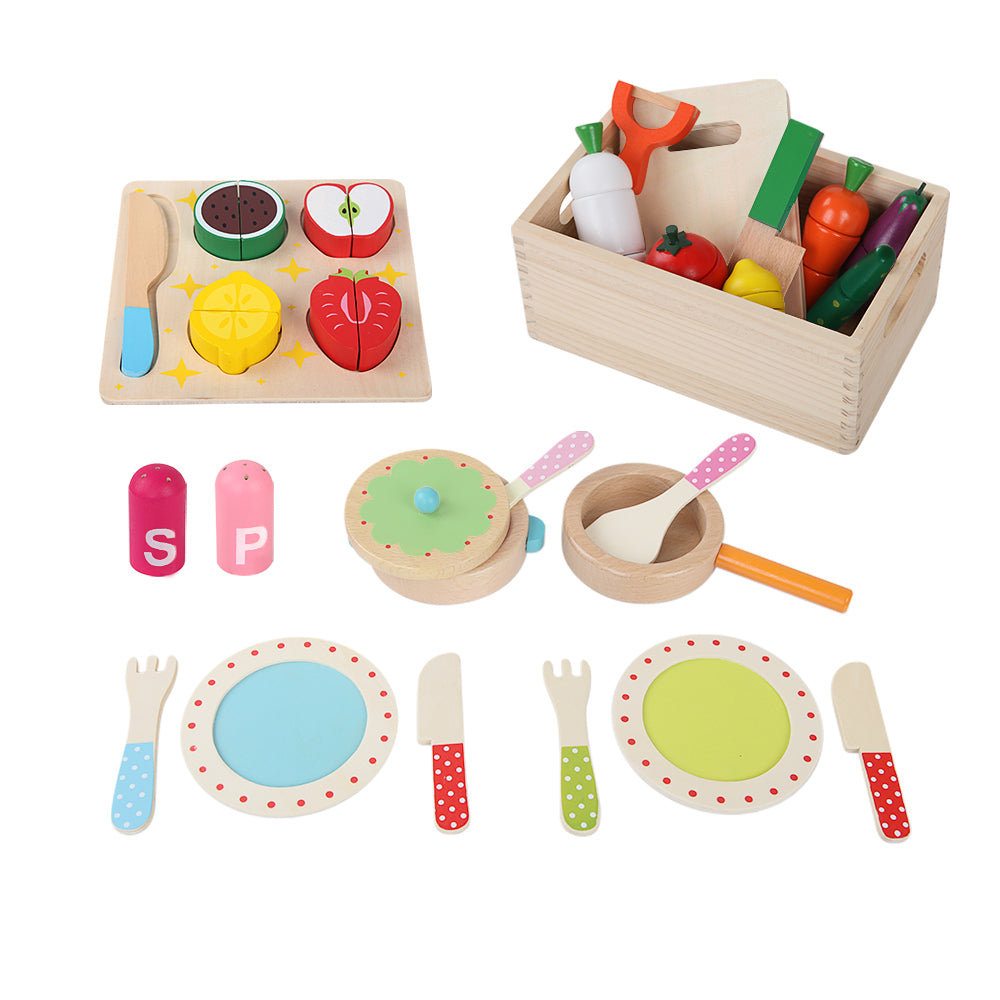 Kids Wooden Kitchen Play Set with 29-Piece Food & Cooking Accessories