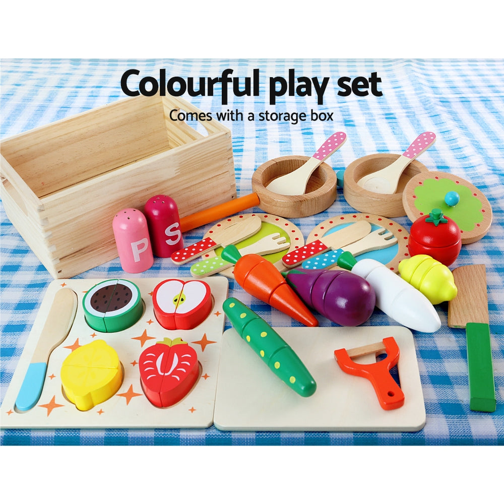 Kids Wooden Kitchen Play Set with 29-Piece Food & Cooking Accessories