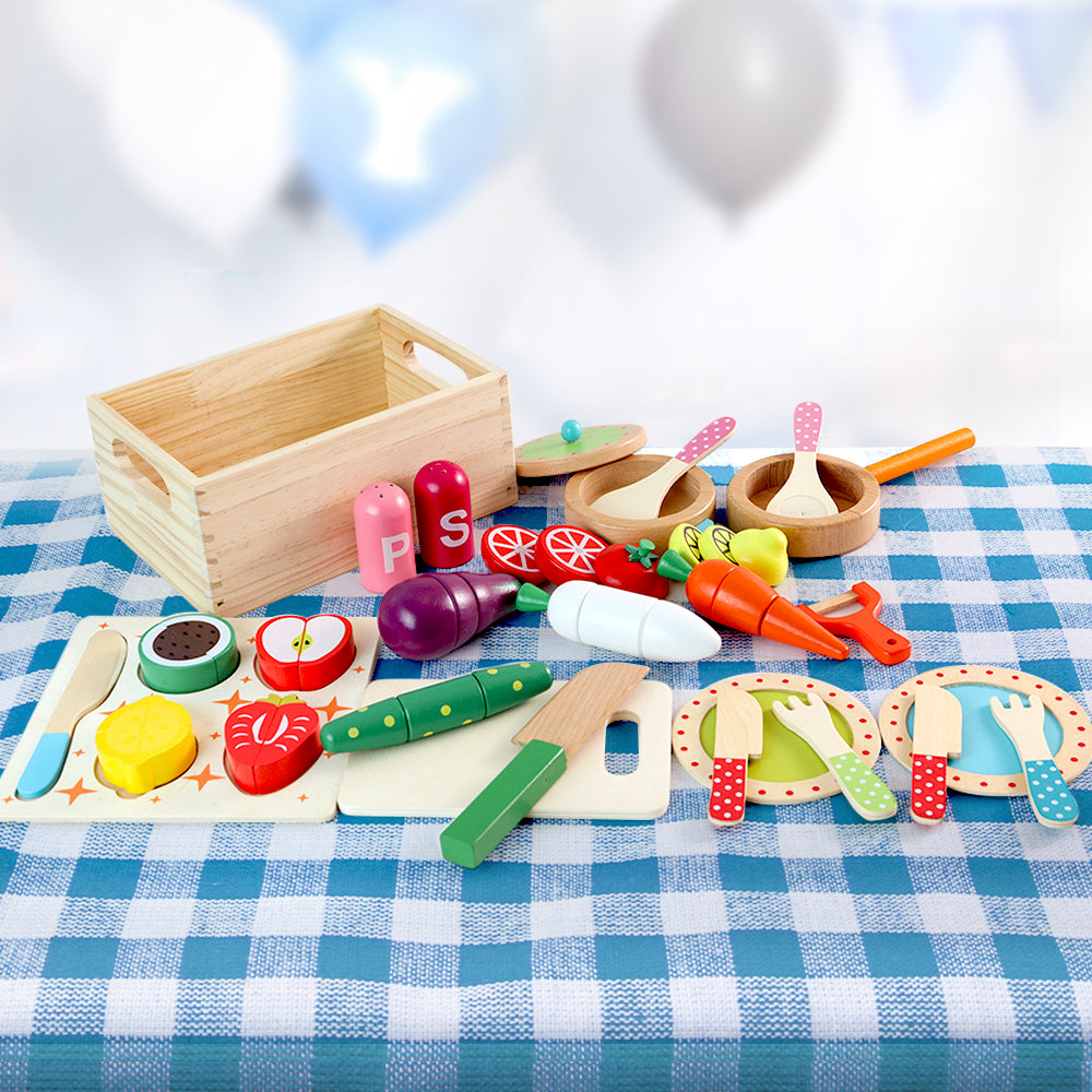 Kids Wooden Kitchen Play Set with 29-Piece Food & Cooking Accessories