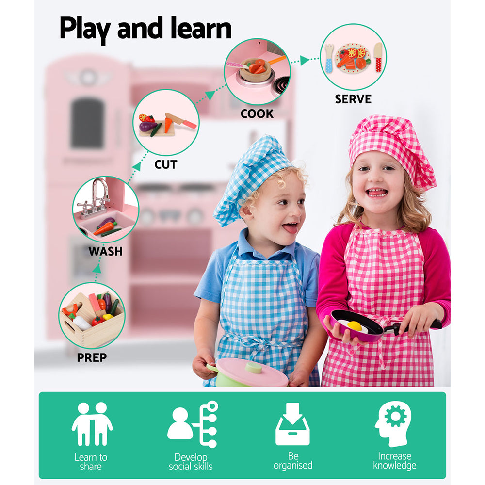 Kids Kitchen Play Set Wooden Pretend Toys Cooking Children Storage Pink