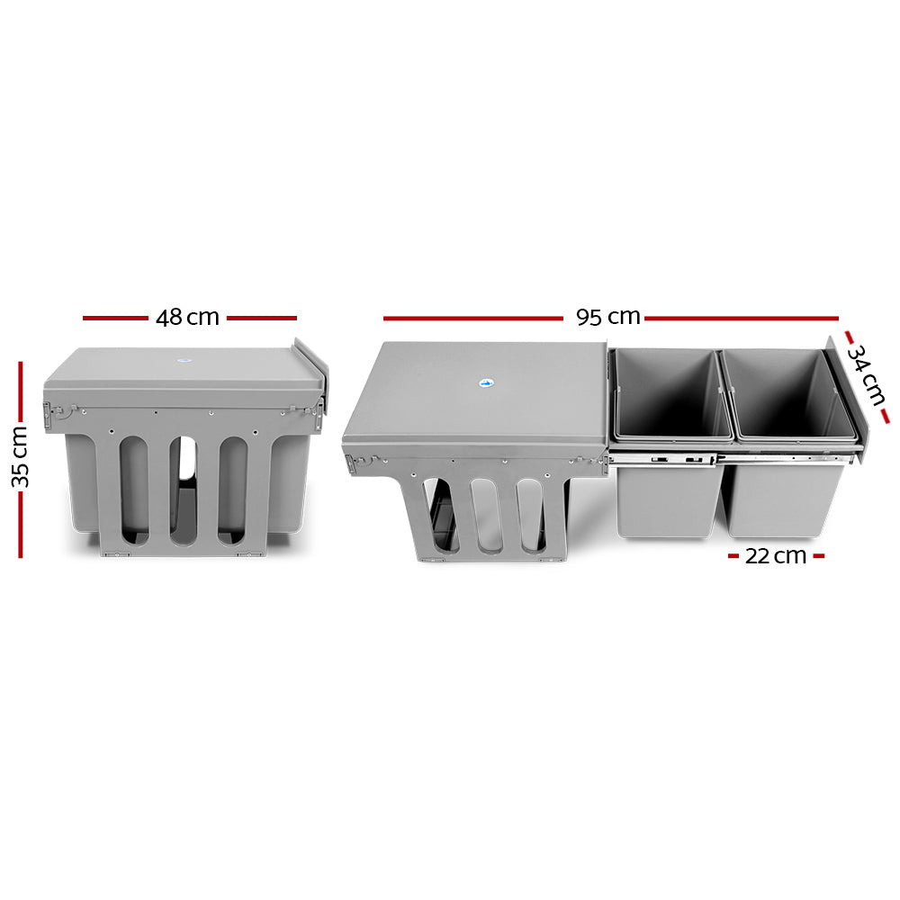 Pull Out Bin Kitchen Double Basket 2x15L Grey Slide-Out Waste Storage