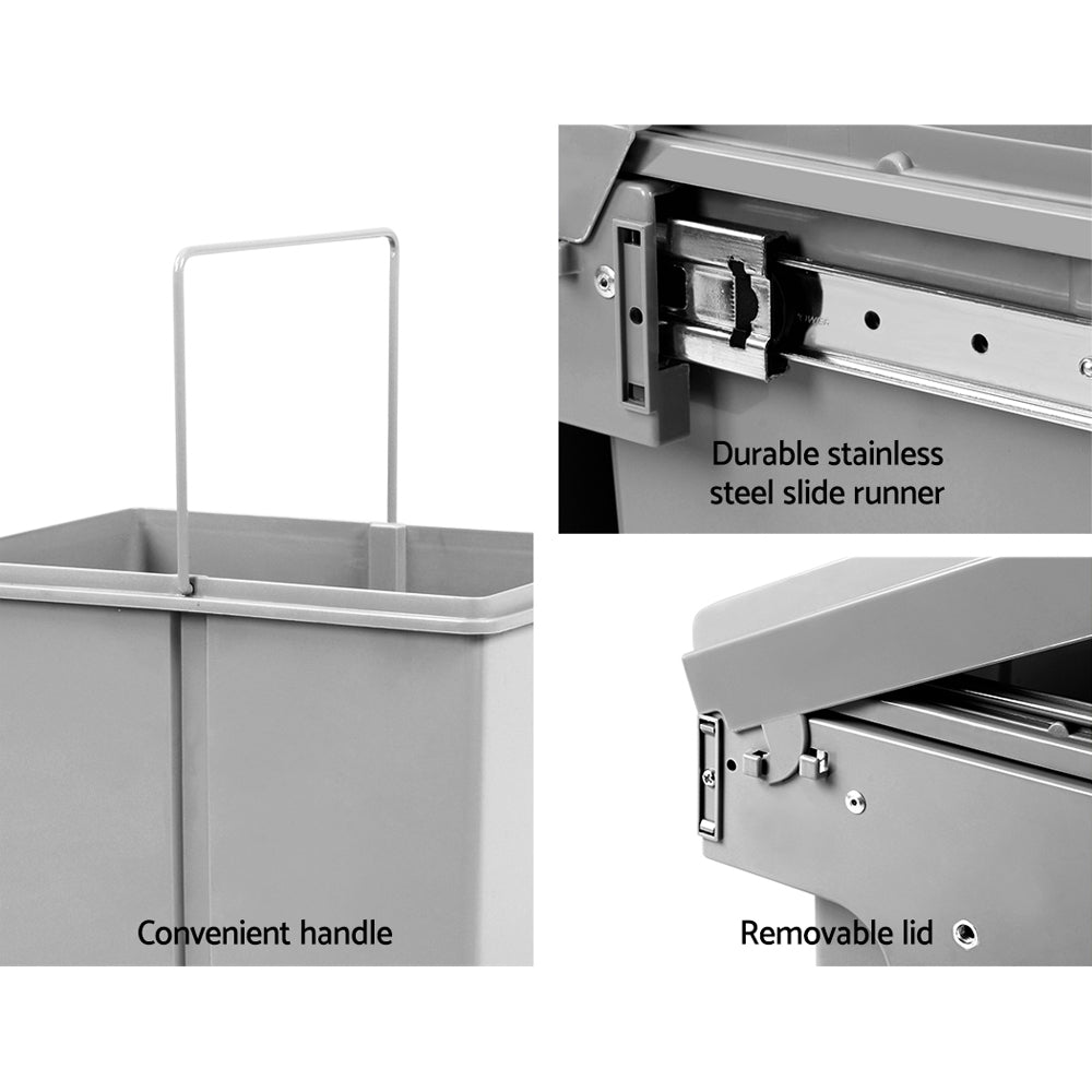 Pull Out Bin Kitchen Double Basket 2x15L Grey Slide-Out Waste Storage