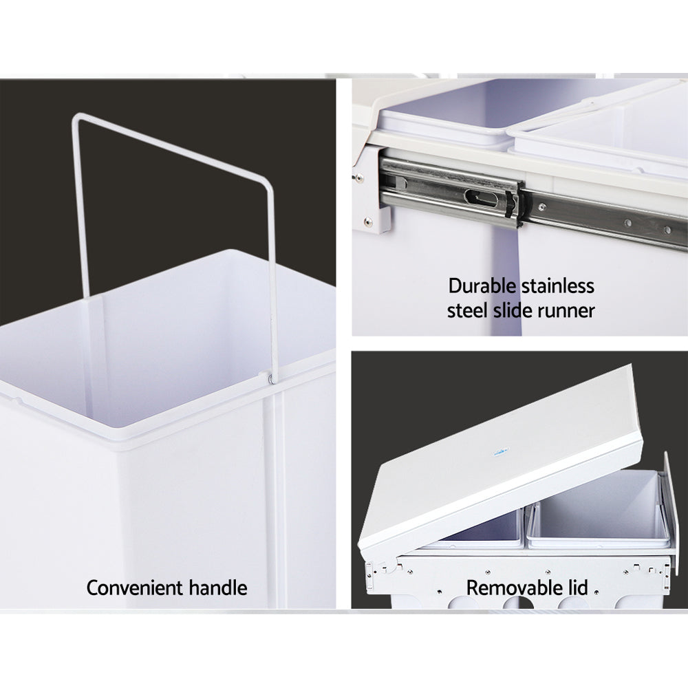 Pull Out Kitchen Bin 30L Double Trash Can 2x15L Sliding Cabinet Waste White