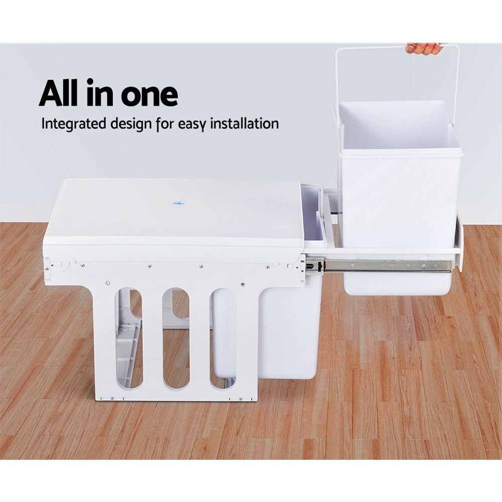 Pull Out Kitchen Bin 30L Double Trash Can 2x15L Sliding Cabinet Waste White