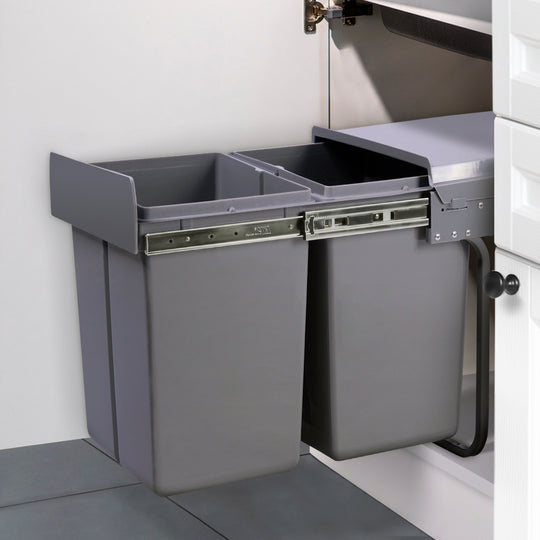 Grey colour - Pull Out Bin Kitchen Double Basket 2X20L Grey