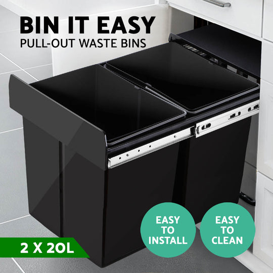 Pull Out Bin Kitchen Double Basket 2X20L Black - Twin Bins Slide Rubbish