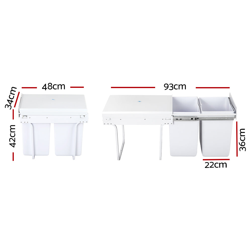Pull Out Kitchen Bin Double Basket 2x20L White Storage System
