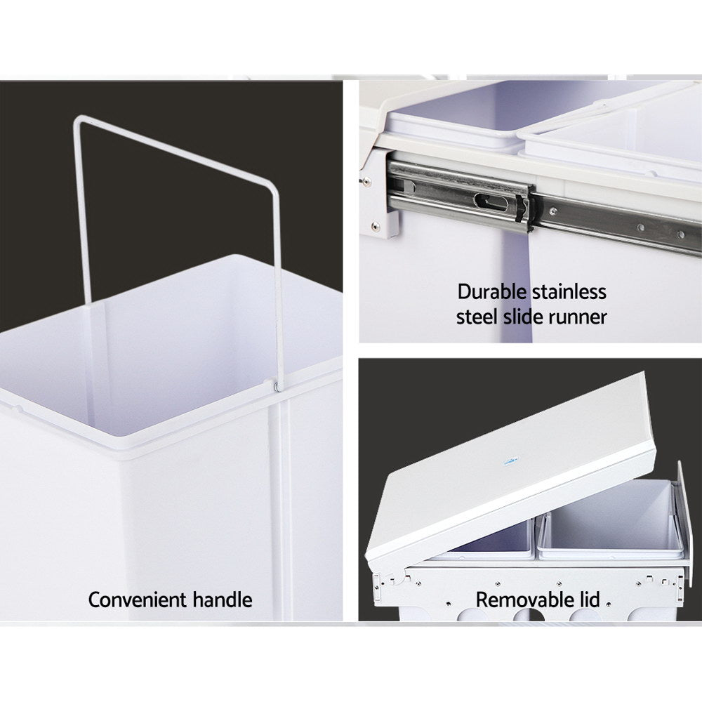Pull Out Kitchen Bin Double Basket 2x20L White Storage System