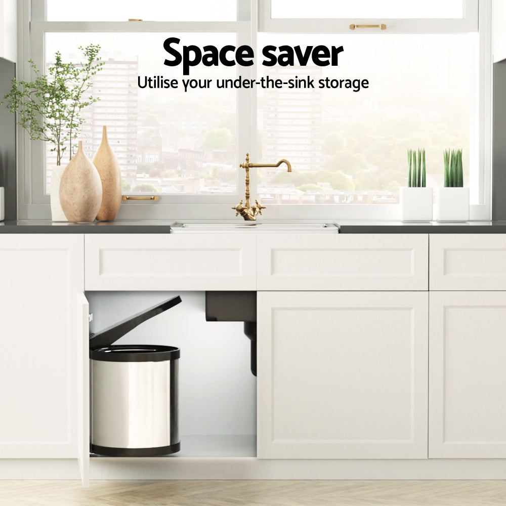 12L Pull Out Swing Out Bin Auto Open Lid Stainless Steel Kitchen