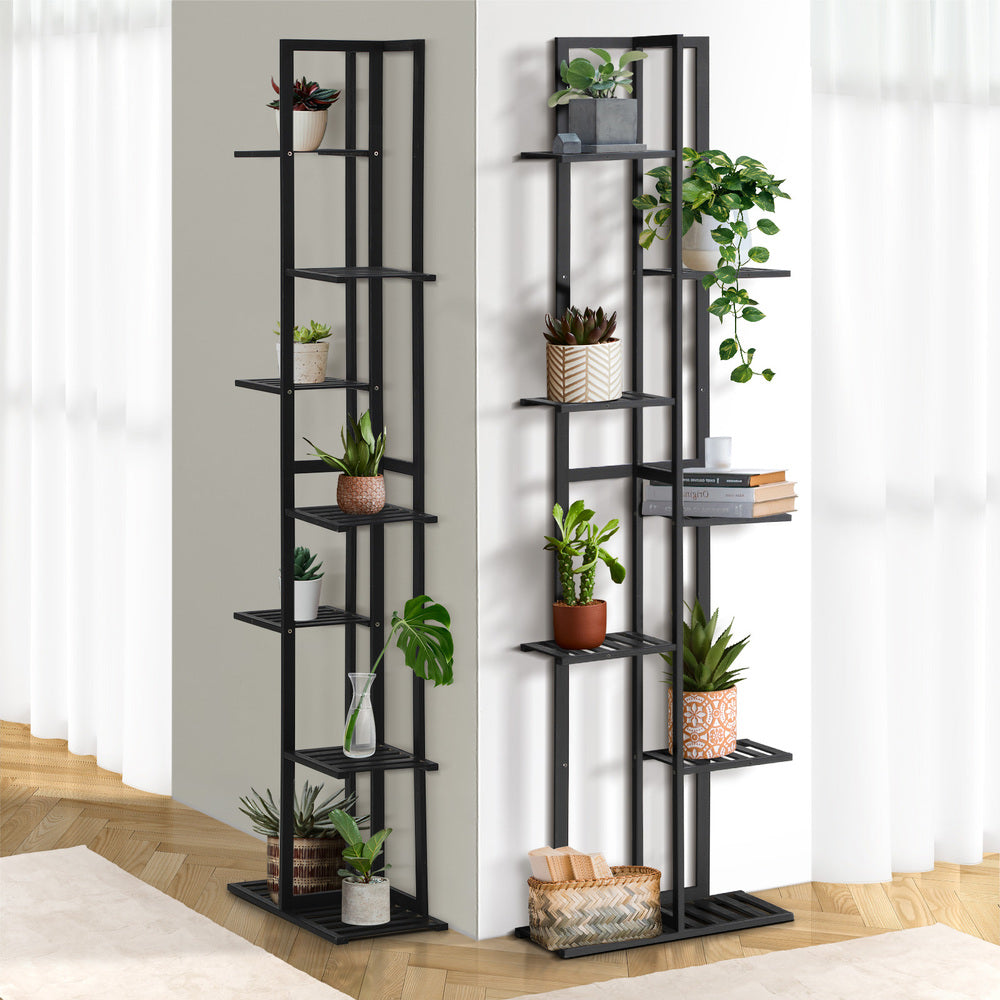 7 Tiers Bamboo Plant Stand Staged Black