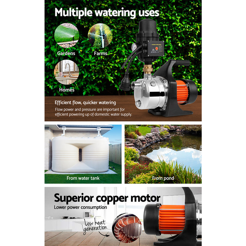 Garden Water Pump High Pressure 1500W Tank Rain Farm Irrigation House Black - Giantz Auto Controller Tpc