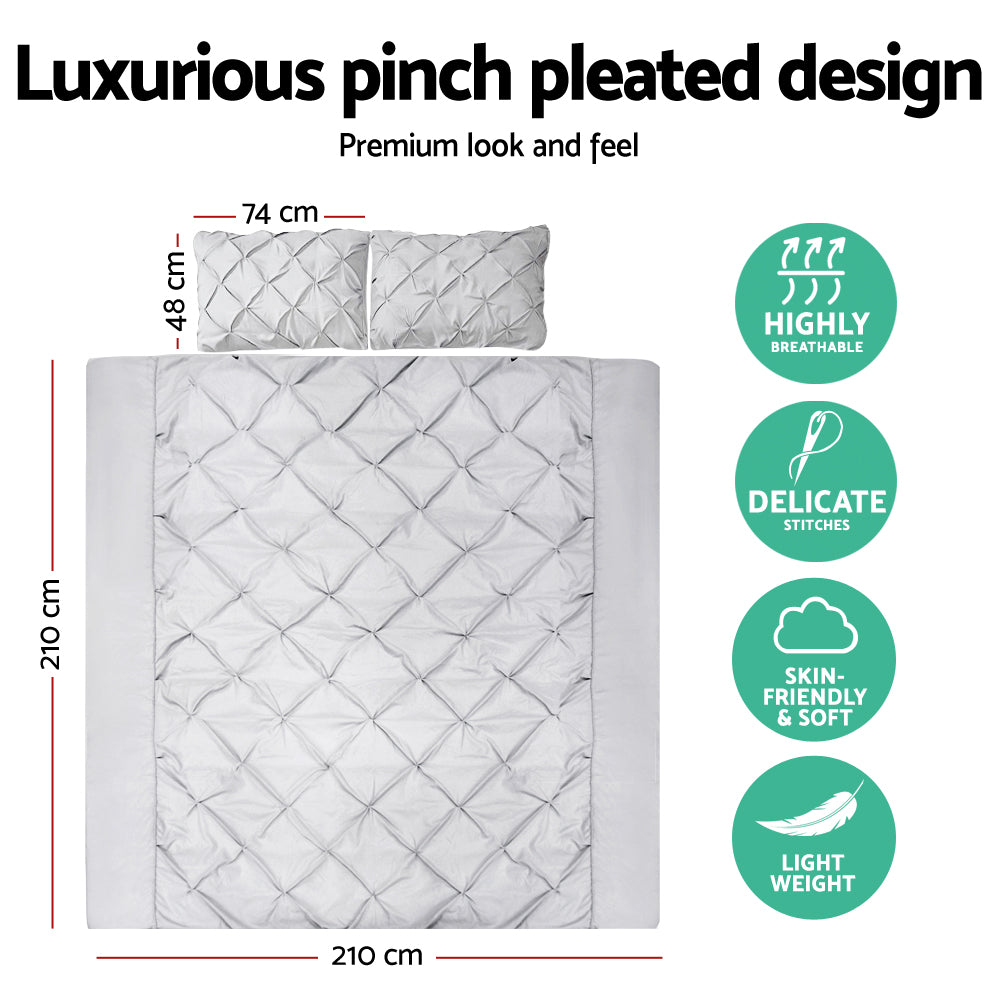 Grey Diamond Pintuck Quilt Cover Set Queen 3 Piece Microfibre Bedding