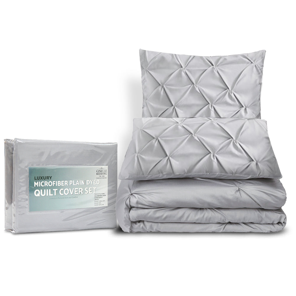 Grey Diamond Pintuck Quilt Cover Set Queen 3 Piece Microfibre Bedding