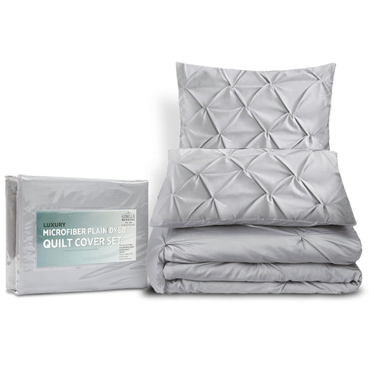 Queen Quilt Cover Set Diamond Pintuck Microfibre Grey