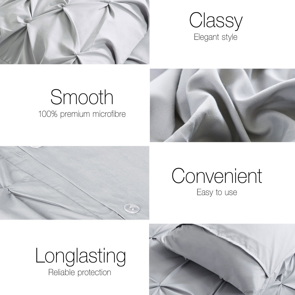 Grey Diamond Pintuck Quilt Cover Set Queen 3 Piece Microfibre Bedding