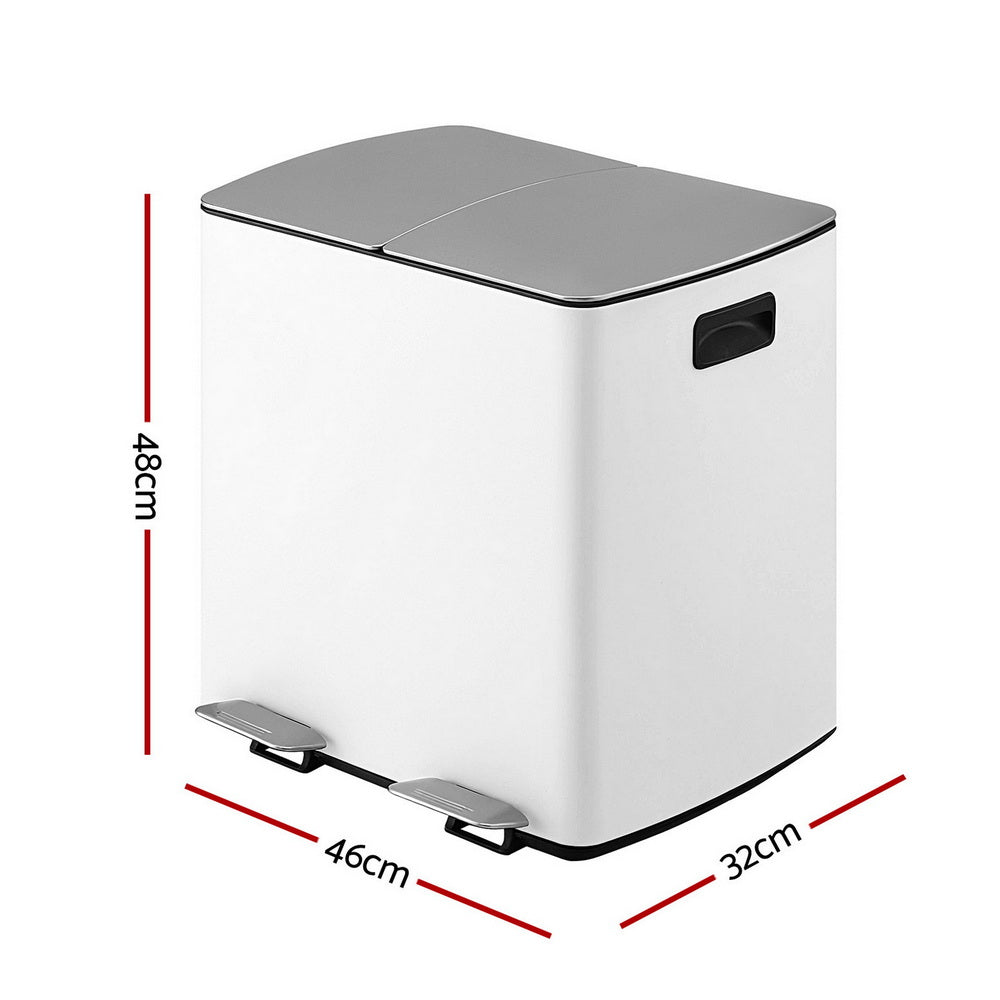 Pedal Bins Rubbish Bin Dual Compartment Waste Recycle Dustbins 40L White, Pedal Bins