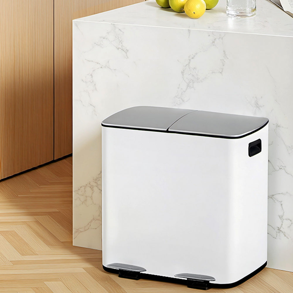 Pedal Bins Rubbish Bin Dual Compartment Waste Recycle Dustbins 40L White | Pedal Bins