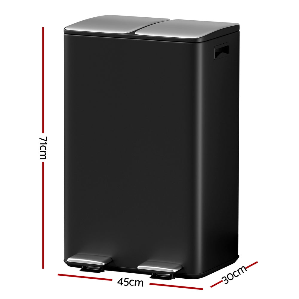 Pedal Bins Rubbish Bin Dual Compartment Waste Recycle Dustbins 60L Black, Pedal Bins