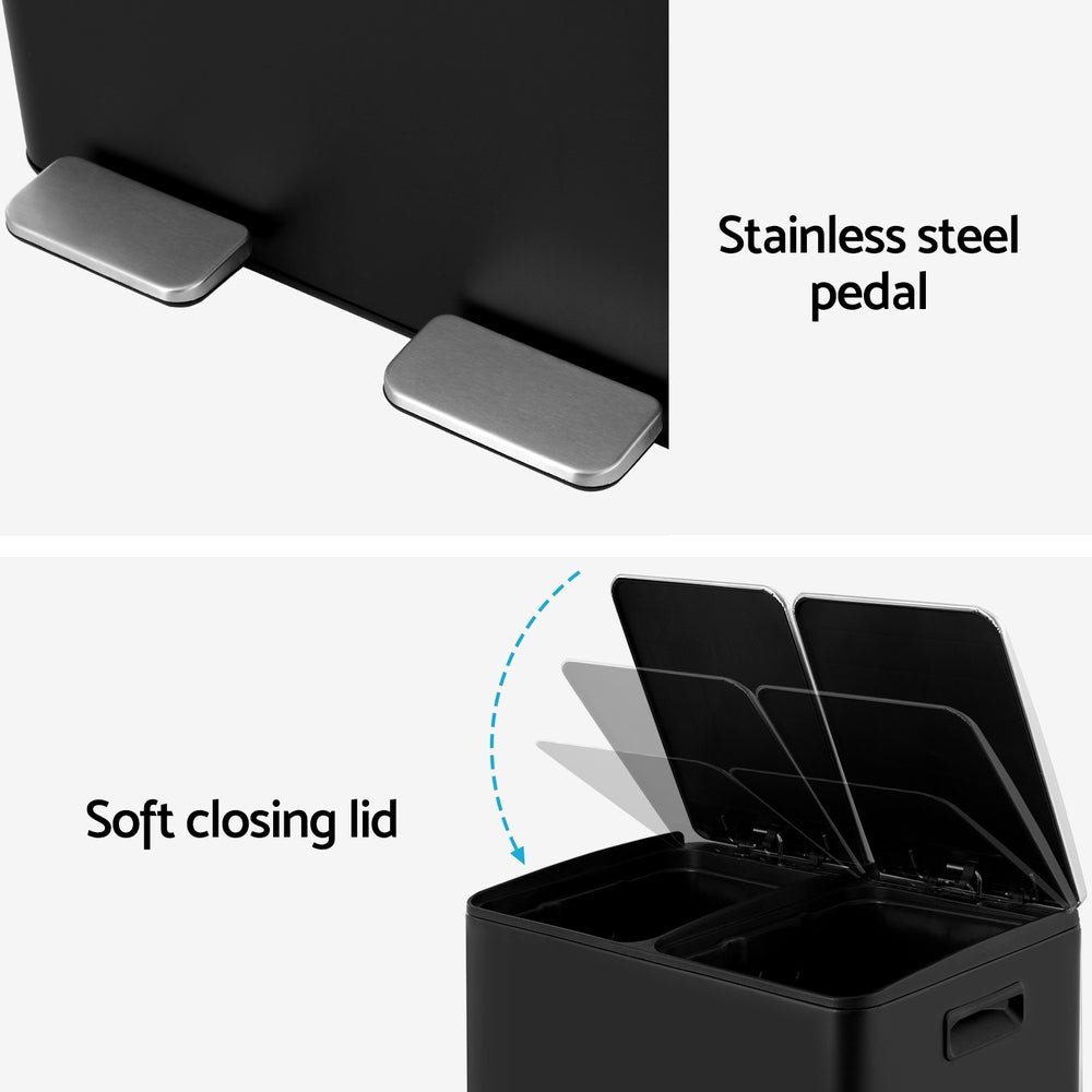 Pedal Bins - Pedal Bins Rubbish Bin Dual Compartment Waste Recycle Dustbins 60L Black